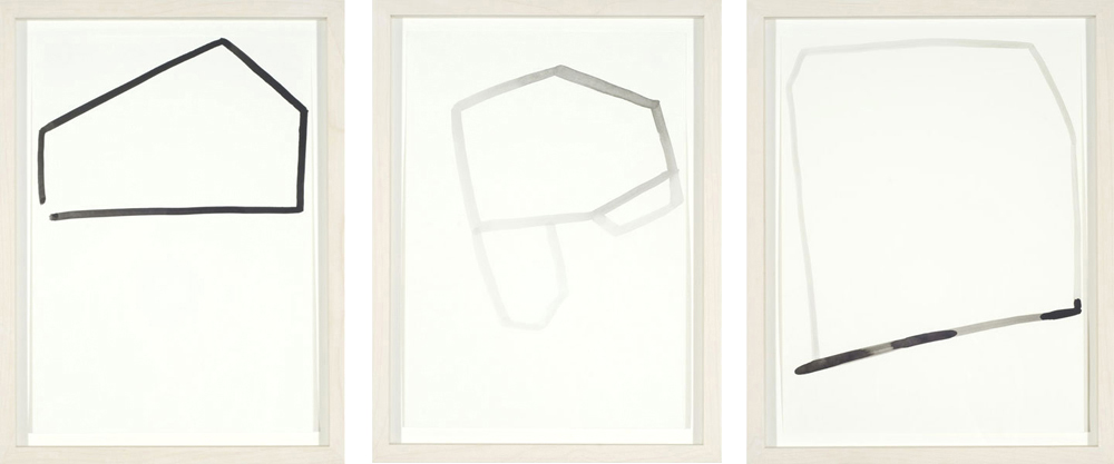 Jakob Flohe: Serie - unless, (Ort) 29,7 x 21 cm; (off) 29,7 x 21 cm; (Hut) 30,5 x 23 cm, 2012, Tusche auf Papier, 29,7 x 21 cm (Kunstfonds, Staatliche Kunstsammlungen Dresden, Inventarnummer 14/1-3/2013, Foto: Robert Vanis)